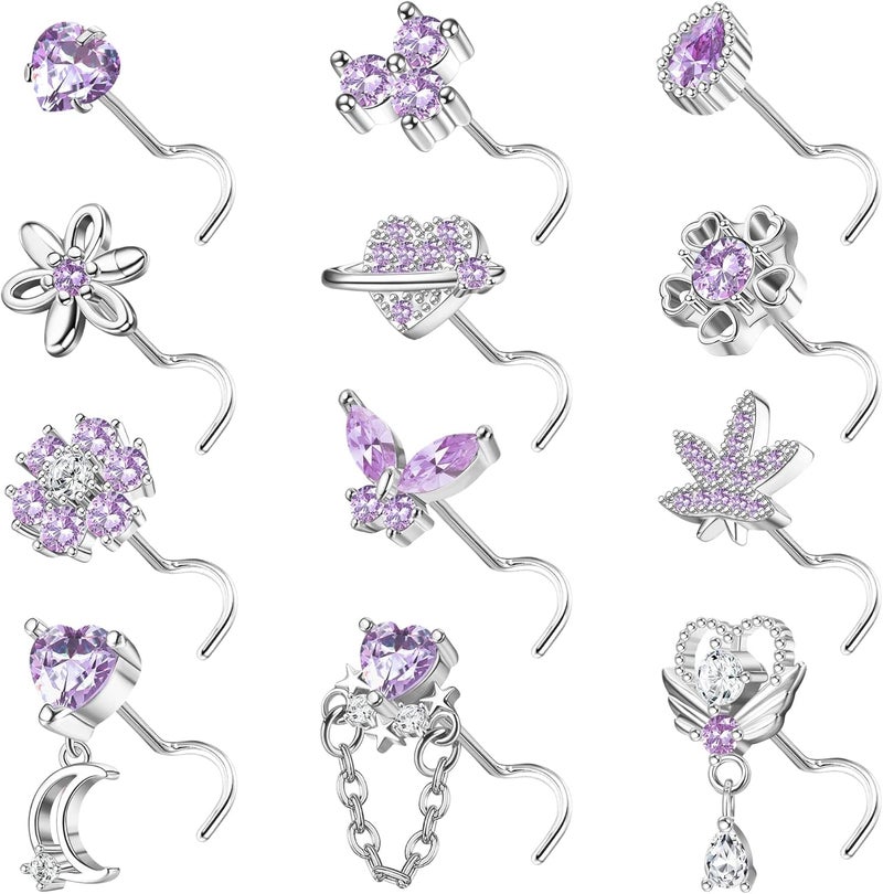 Sanfenly 12 PCS 20G Nose Rings Surgical Stainless Steel, L Shaped Nose Studs for Women Men, CZ Heart Butterfly Flower Leaf Moon Dangle Cute Nose Piercings Studs Screw Jewelry Pink/Purple/Blue/Clear - Image 1